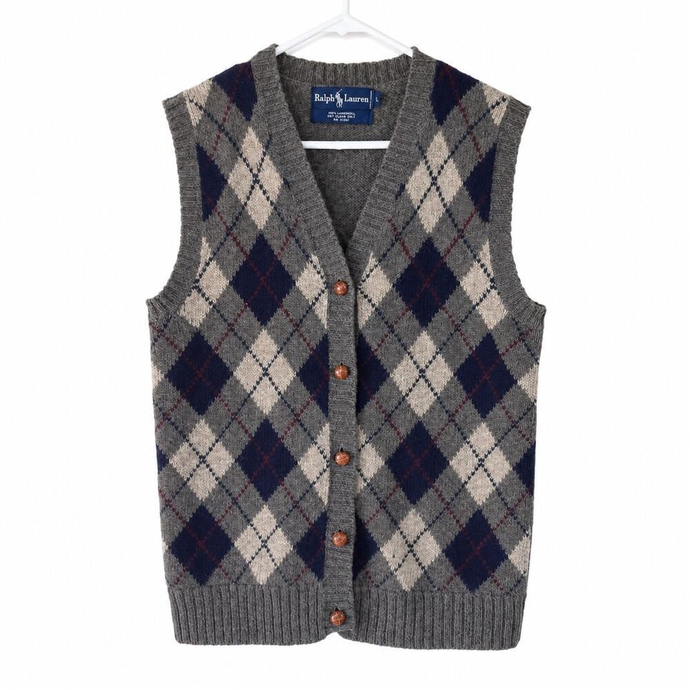 Ralph Lauren Women’s Large 100% Wool Argyle Button Front Sweater Vest